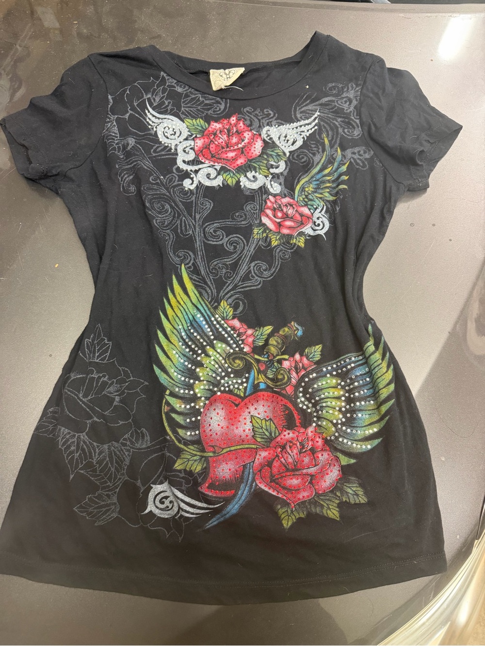 Vocal Black Graphic Winged Heart & Rose Short Sleeve Tee